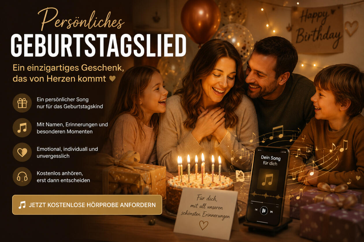 Persönliches Geburtstagslied Überrasche das Geburtstagskind mit einem einzigartigen Song voller Erinnerungen, Emotionen und persönlicher Momente. Jeder Song wird individuell nach deinen Angaben erstellt und macht den besonderen Tag unvergesslich.