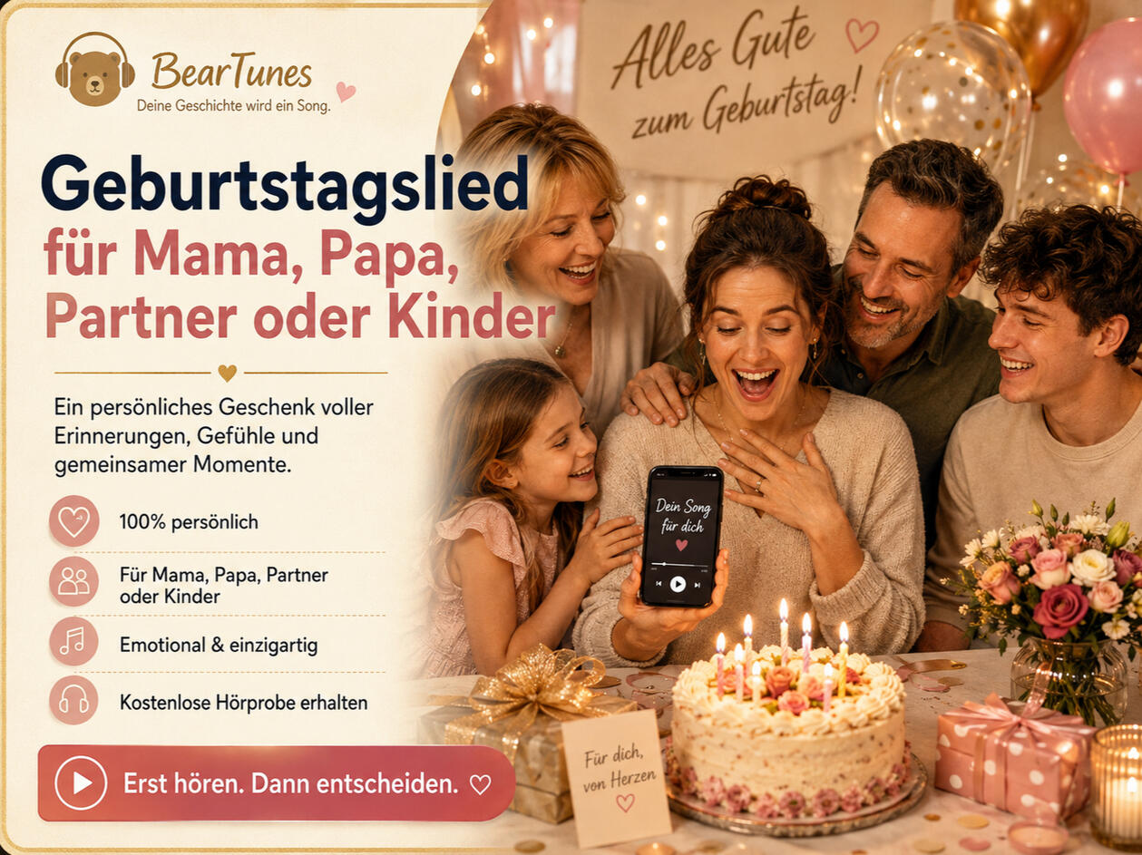 Geburtstagslied für Mama, Papa, Partner oder Kinder Jeder Mensch hat seine ganz eigene Geschichte und genau deshalb sollte auch ein Geburtstagsgeschenk persönlich sein. Ob für Mama, Papa, den Partner, die Partnerin oder ein Kind, mit einem individuellen Geburtstagslied verschenkst du Erinnerungen, Gefühle u