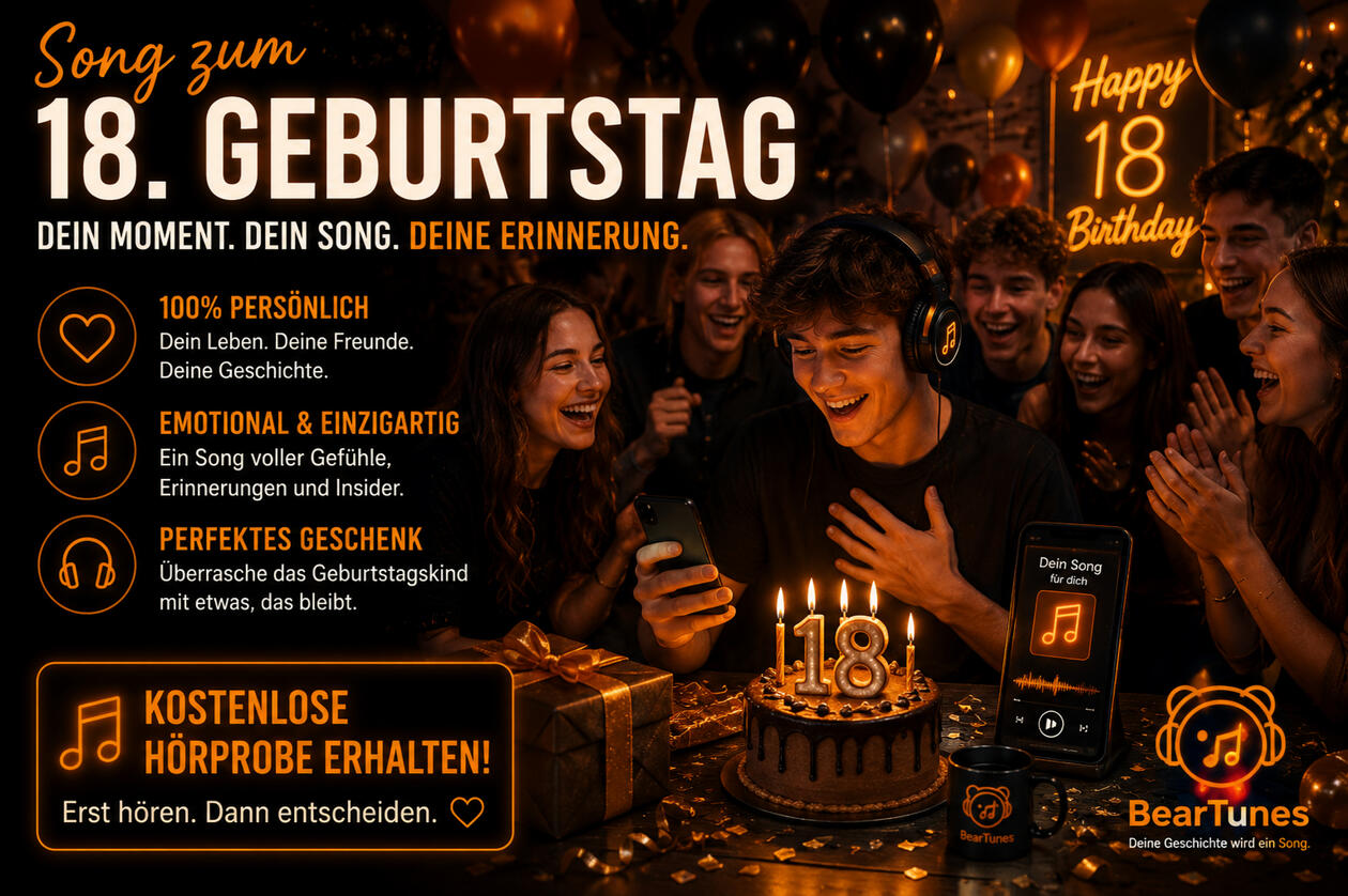 Persönlicher Song zum 18. Geburtstag Der 18. Geburtstag ist ein ganz besonderer Meilenstein. Ein neuer Lebensabschnitt beginnt, voller Freiheit, Träume und unvergesslicher Momente. Mit einem persönlichen Geburtstagssong verschenkst du nicht einfach nur Musik, sondern Erinnerungen, Gefühle und