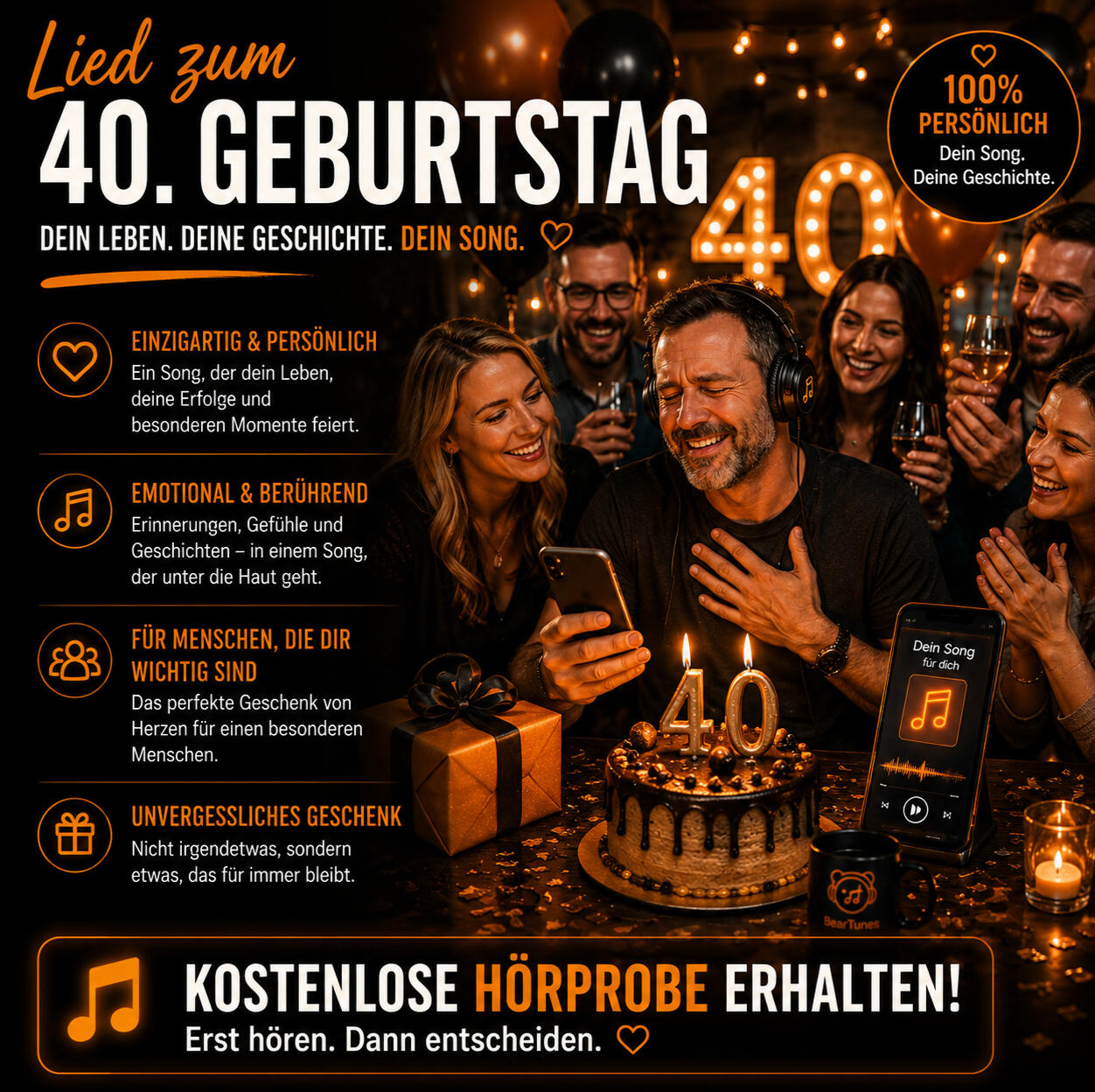 Persönlicher Song zum 40. Geburtstag Der 40. Geburtstag ist ein besonderer Moment, um auf viele schöne Erinnerungen, gemeinsame Erlebnisse und wichtige Menschen zurückzublicken. Mit einem persönlichen Geburtstagssong verschenkst du nicht einfach nur Musik, sondern eine einzigartige Geschichte