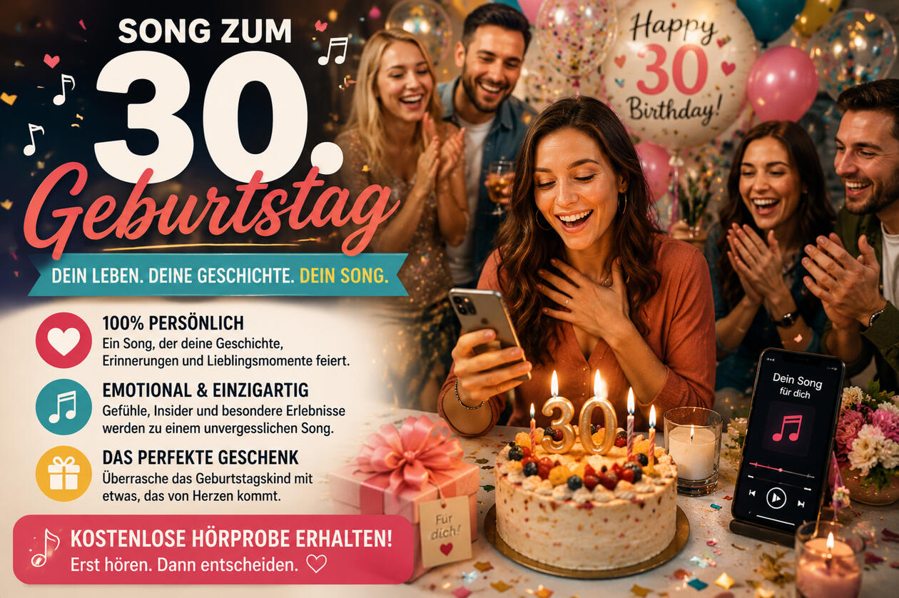Persönlicher Song zum 30. Geburtstag Der 30. Geburtstag ist ein besonderer Meilenstein. Viele unvergessliche Erlebnisse liegen bereits hinter dem Geburtstagskind, gleichzeitig warten noch unzählige Träume, Ziele und neue Abenteuer. Ein persönlicher Geburtstagssong verbindet all diese Erinneru